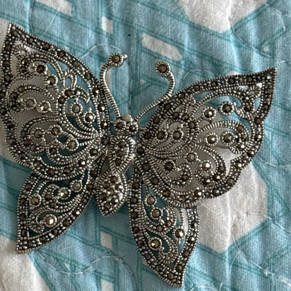 Sterling Silver Large Marcasite Butterfly Brooch Pin Bold Statement NF Thailand